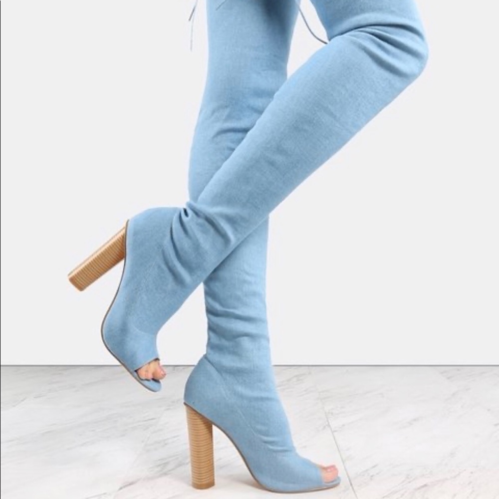 Light denim thigh high boots